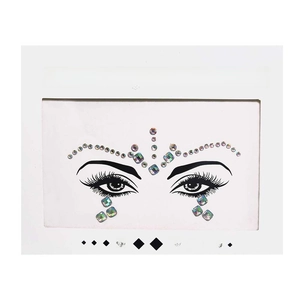 Detailed view of iridescent face crystal stickers with teardrop and round resin rhinestones