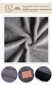 Detail of grey winter hat showing thick artificial fleece lining and knitted texture