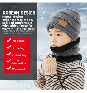Detail of gray knitted hat and neck warmer set with thick fleece lining for winter warmth