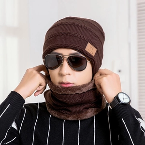 Men's winter knit beanie hat and neck warmer set with thick plush lining in dark coffee