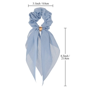 Blue chiffon hair scrunchie with double layer bow, metal ring and long streamers
