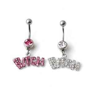 Silver belly rings with crystal BITCH pendants in pink and clear sparkling rhinestones