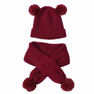 Burgundy knit beanie and scarf set for toddlers featuring adorable double pom-poms