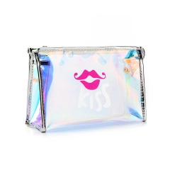 Detailed macro view of iridescent PVC makeup bag with pink lips and KISS print