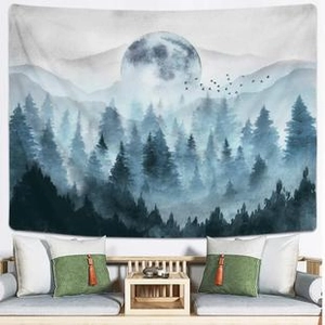 Detailed blue-grey ink mountain landscape tapestry with large moon for wall decor