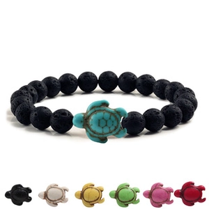 Lava stone bead bracelet with turquoise turtle charm and six multi-color options