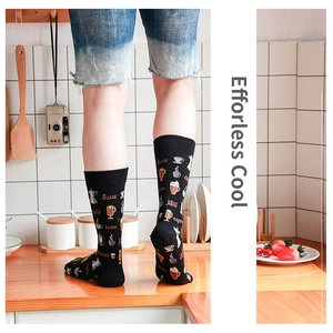Mid-calf black cotton coffee socks with Latte and Espresso patterns for men and women