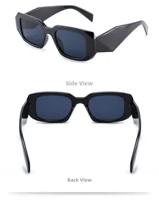 Detail showing side and back views of black rectangular sunglasses with wide temples
