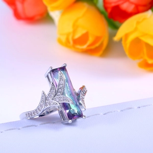 Rainbow topaz rectangular gemstone ring in silver finish with leaf diamond accents