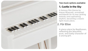 Detail of white piano music box showing keys and Castle in the Sky or Für Elise options