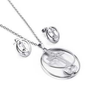 Silver hollow cross circle pendant necklace and earrings set with sparkling crystals