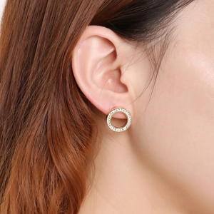 Fashion gold circular earrings with hollow geometric design and sparkling rhinestones