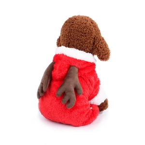 Detail of plush red and white Christmas reindeer pet hoodie with soft antlers