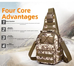 Detail of waterproof tactical camouflage sling bag with MOLLE system and nylon strap