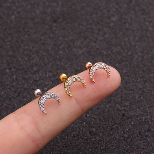 Three-color moon-shaped zircon cartilage earrings in silver, gold, and rose gold finish