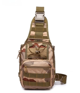 Close-up of desert camouflage tactical chest bag showing durable MOLLE webbing and buckles