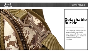Detail view of the detachable 360-degree rotating hook on the camo tactical chest bag