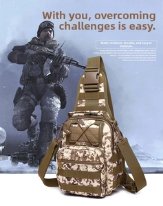 Detailed view of desert digital camo tactical chest bag with MOLLY system straps