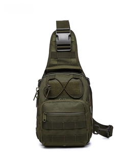Detail of army green tactical chest bag featuring MOLLE system and velcro patch area