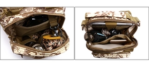 Detailed interior compartments of camo tactical chest bag showing storage space