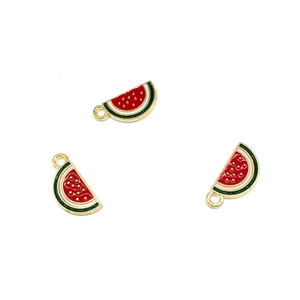 Three vibrant watermelon slice pendants with gold finish for DIY jewelry making
