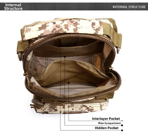 Interior structure of tactical camo bag showing main pocket and compartments