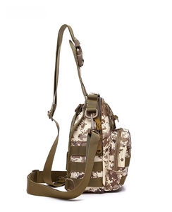 Side view of tactical chest bag in sand digital camo with MOLLE straps and zippers