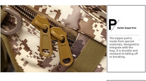 Macro shot of durable dual-zipper closure on tactical camouflage outdoor chest bag