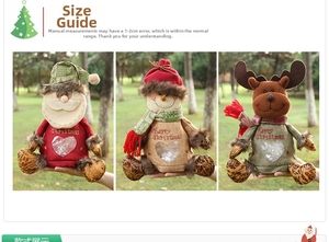 Detail of burlap Christmas drawstring bags with Santa and snowman plush and clear window