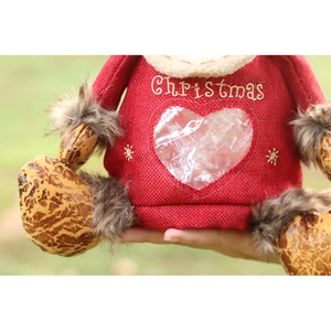 Christmas burlap gift bag with red knit fabric, heart window, and embroidery details