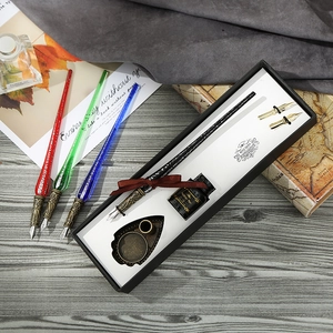 Vintage glass calligraphy dip pen gift set with ink bottle and artistic pen holder