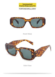 Detailed front and side views of tortoiseshell square sunglasses with gray lenses C2