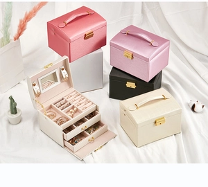 Three-layer PU leather jewelry box featuring multiple drawers and inner mirror detail