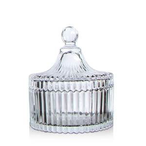 European style clear glass storage jar with vertical stripes and sphere lid handle