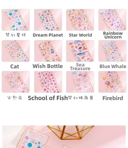 Detail of 12 cartoon theme stickers featuring gold foil craft and unicorn motifs