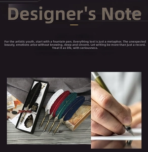 Close-up of five colorful antique feather dip pens in a premium gift box with ink