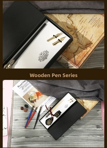 Detail view of retro calligraphy dip pen set with wooden barrel and metal nibs