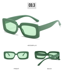 Detailed multi-angle views of green rectangular sunglasses with tinted lenses