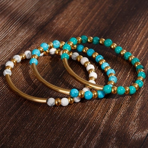 Natural Stone Beaded Bracelet With Stainless Steel Curved Tube Turquoise Tiger Eye Lava Rock Handmade Vintage Jewelry Unisex