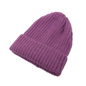 Deep purple ribbed knit beanie for children featuring a minimalist pointed top design