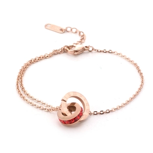 Bracelet Double Anneaux Entrelacés Chiffres Romains Acier Inoxydable Plaque Or Rose Zircone Colorée Pour Femme