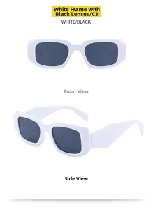 Detailed front and side views of white rectangular frame sunglasses with dark grey lenses