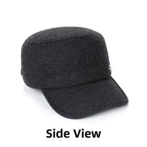 Detail view of dark grey wool cadet cap with metallic decorative button on the side