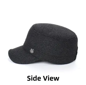 Close-up of charcoal grey wool cadet cap with side silver star metallic button detail