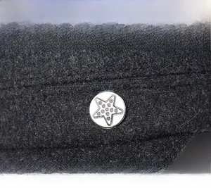 Detail of a dark gray woolen military cap with a vintage star-embossed silver metal button