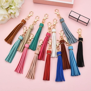 Multiple colors of PU leather tassel keychains with golden clasps for DIY bag accessories
