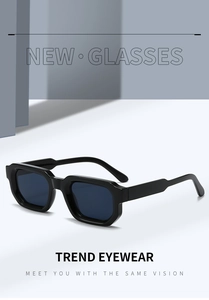Close-up of retro thick square frame sunglasses with sleek dark lenses and black finish
