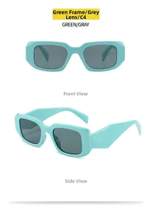 Detail view of mint green rectangular sunglasses with dark gray lenses in front and side shots