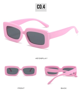 Three-view display of pink rectangle sunglasses with smoke lenses from 45-degree angles
