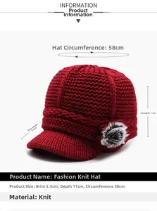Detailed knit hat size guide featuring deep red winter cap with plush decorative ball